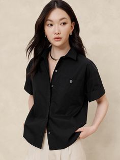 Pocket Poplin Shirt | Banana Republic Factory Everyday Cotton Blouse With Roll-up Sleeves, Trendy Everyday Shirt With Shirttail Hem, Everyday Button-up Tops With Rolled Sleeves, Solid Color Tops With Roll-up Sleeves For Office, Casual Poplin Blouse For Workwear, Casual Collared Poplin Blouse, Solid Button-up Tops For Workwear, Oversized Top With Roll-up Sleeves For Everyday, Oversized Tops With Roll-up Sleeves For Everyday