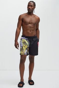 Available In Black. 6" Inseam Elastic Waist Drawstring Side Hand Pockets Back Pocket Mesh Lining No Stretch 100% Polyester Final Sale Disclaimer: Print Placement May Vary Imported | Mens Iron Maiden Swim Trunks in Black size XL by Fashion Nova Fitted Graphic Print Beach Bottoms, Casual Fitted Swimwear With Graphic Print, Casual Short Swimwear With Graphic Print, Fitted Graphic Print Bottoms For The Beach, Casual Black Stretch Swimwear, Black Relaxed Fit Swimwear For Summer, Relaxed Fit Black Beachwear Bottoms, Printed Black Beachwear Bottoms, Black Relaxed Fit Beachwear Bottoms