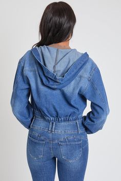 Our Women's Crop Hooded Denim Jacket features relaxed fit with front button closure, elastic hem long sleeves, hoodie, and cropped length. Measurement (Based on size M) - Sleeve Length (From shoulder seam): 22.5” - Length: 21” - Chest: 20 - Model is wearing size S Machine wash cold. 81% Cotton/ 10% Polyester/ 9% Rayon Long Sleeve Denim Blue Hoodie For Spring, Denim Blue Long Sleeve Hoodie For Spring, Hooded Dark Wash Denim Jacket For Spring, Spring Denim Long Sleeve Hoodie, Spring Denim Hoodie With Pockets, Spring Long Sleeve Denim Hoodie, Casual Cropped Hoodie For Spring, Trendy Denim Hoodie With Pockets, Spring Denim Hooded Hoodie