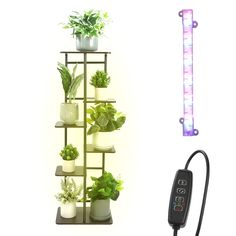 the plant stand has several plants on it and is next to a remote control light