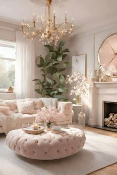 a living room filled with furniture and a chandelier hanging from the ceiling over a fire place