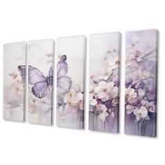 three purple and white paintings with flowers on the bottom, one has a butterfly flying over it