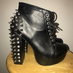 Chunky Spike Platform Bootie. Never Worn. Edgy Platform Boots For Fall Streetwear, Punk Style High Heel Synthetic Boots, Edgy Chunky Platform Boots With Round Toe, Edgy High-top Heels With Reinforced Heel, Edgy Round Toe Platform Boots, Edgy Chunky Platform Heels For Concerts, Casual Platform Heels For Streetwear, Fall Studded High Heel Platform Boots, Studded Round Toe Platform Boots For Fall