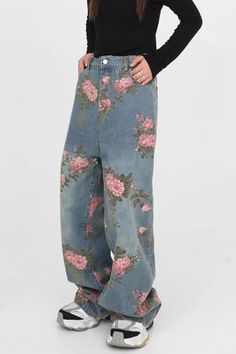 floral print wide jeans, blue floral denim pants with rose print, aesthetic baggy jeans boogzel