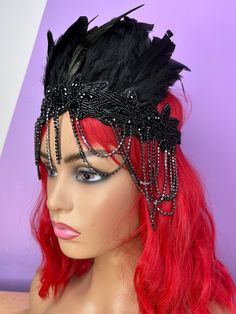 A one of a kind handmade Statement black Feather & beaded chain trim Head Dress from Zedhead Headwear On a black elasticated around the head band.   One size fits all / Adults Flapper Girl / Festival headdress / Headpiece / black headdress / festival hairband / chain headdress / beaded headdress / carnival crown / vintage headdress / 1920s headdress Please follow us on Instagram for new products & updates  : https://www.instagram.com/zedhead_headwear Adjustable Punk Costume Hats And Headpieces, Adjustable Punk Style Costume Hats And Headpieces, Adjustable Headband Costume Hats For Carnival, Adjustable Crown Costume Accessories For Party, Adjustable Black Feather Headpiece, Adjustable Headpiece For Mardi Gras Party, Black Gatsby Party Costume Hats And Headpieces, Adjustable Black Feathered Headpiece, Bohemian Headpiece For Mardi Gras Party