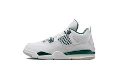 The Air Jordan 4 PS “Oxidized Green” is the preschool sizing of the colorway of Michael Jordan’s fourth signature shoe with green details.  A versatile look for the iconic sneaker, the upper features a white leather design with tonal netting on the mid-panel and tongue.  Contrasting Oxidized Green accents can be found on the molded eyelets, the lace “wings,” and on the heel tab, branded with a classic Jumpman logo.  An additional Jumpman can be found on the tongue tag.  Underfoot, an Oxidized Gr Green 4s, Lace Wings, Green Jordans, Green Details, Jumpman Logo, Air Jordan 4, Stadium Goods, Kids Jordans, Green Accents