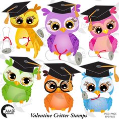 four owls wearing graduation caps and glasses with the words valentine critter stamps on them