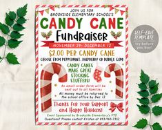 a candy cane fundraiser flyer is shown on a table with green leaves and red ribbon