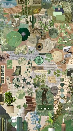 a collage of green and white images with books, plants, and other things