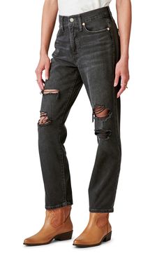 Dashes of destruction and a faded black wash lend edgy appeal to jeans that fit slim through the thighs and straight from knee to ankle. 99% cotton, 1% elastane Machine wash, tumble dry Imported Distressed Straight Leg Jeans, Straight Leg Jeans, Lucky Brand, Leg Jeans, Top Brands, Straight Leg, Nordstrom, Luxury Fashion, Pants