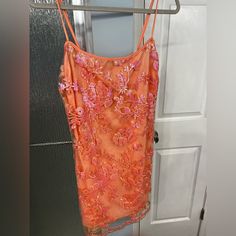 Pretty Semi Formal Or Party Dress, It’s A Deep Peach Color With Pink Sequins, Never Worn But No Tags. Slightly Stretchy Material Pink Lace Dress For Party Season, Pink Sheer Mini Dress For Evening, Peach Fitted Dress With Spaghetti Straps, Fitted Peach Dress With Spaghetti Straps, Sheer Pink Mini Dress For Night Out, Pink Sheer Mini Dress For Night Out, Pink Mini Dress For Summer Wedding, Pink Summer Wedding Mini Dress, Sheer Mini Dress For Cocktail Spring Season