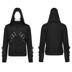 The price is for a hoodie only, others are not included.  1. Made of micro elastic knitted and rubberized PU  2. Integrated collar and hat  3. PU loops with semi-circular rivets  4. Staggered and layered organ edges sleeves  Garment Size   	 		 			Size 			S-M 			L-XL 			2XL-3XL 		 		 			Length 			68 			70 			72 		 		 			Bust 			114 			124 			134 		 		 			Waist 			112 			122 			132 		 		 			Shoulder Across 			46 			49 			52 		 		 			Sleeve 			70 			72 			74 		 		 			Cuff 			23 			25.4 			27.8 Fall Punk Hooded Top, Gothic Sweatshirt For Winter Streetwear, Punk Style Tops For Winter Cosplay, Gothic Winter Sweatshirt For Streetwear, Edgy Winter Hoodie Sweatshirt, Punk Style Winter Tops For Cosplay, Winter Punk Cosplay Tops, Winter Punk Tops For Cosplay, Cosplay Sweatshirt With Drawstring Hood For Fall