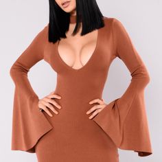 Rustish Color, Bell Sleeves , Very Stretchy, Never Worn . No Flaws Brown V-neck Mini Dress For Party, Brown Stretch Dresses For Party, Brown Stretch V-neck Bodycon Dress, Brown Fitted V-neck Bodycon Dress, Stretch Brown V-neck Bodycon Dress, Fitted V-neck Brown Bodycon Dress, Brown Stretch Dresses For Winter, Brown Mini Length Bodycon Dress For Winter, Brown Stretch Bodycon Dress For Winter