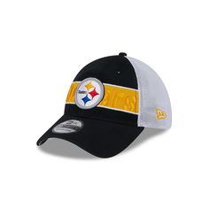 The Pittsburgh Steelers Banded 39THIRTY Stretch Fit Cap features an embroidered Steelers logo at the front panels with a team wordmark at the rear. Additional details include a mesh stretch fit and a gray undervisor. Sporty Logo Hats For Sports, Sporty Logo Sports Hat, Collegiate Curved Bill Trucker Hat For Sports, Baseball Season Sports Trucker Hat With Team Logo, Collegiate Trucker Hat With Curved Bill For Sports, Sports Six-panel Trucker Hat With Logo Patch, Sporty Six-panel Trucker Hat For Fan Gear, Sporty Six-panel Trucker Hat For Fans, Team-colored Sports Hat With Logo Patch