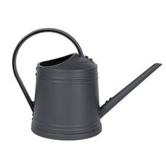 a gray watering can with a handle on the side and a black handle at the top