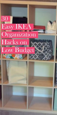 an organized shelf with purses on it and the words, easy ikea organization hacks on low budget