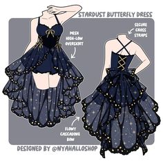 a drawing of a woman wearing a dress with stars on it and the words, stardust butterfly dress