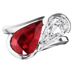 Beautiful Toi et Moi Ring featuring an Pear shape Ruby weighing 3.51 Carats complimented with a Pear Shaped Diamond weighing 1.01 Carats. Ruby is Certified by GIA. Diamond Certified by GIA as D color and SI1 clarity. Set in Platinum. Size 6. Marquise Shape Diamond, Bypass Ring, Ruby Stone, Modern Ring, Pear Shaped Diamond, Stone Cuts, Yellow Diamond, Emerald Diamond, Pear Shape