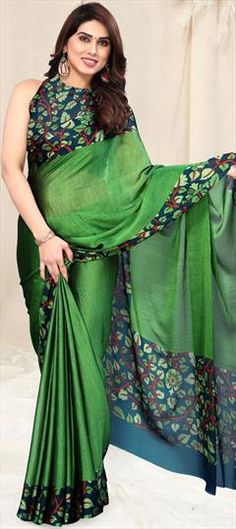 Green color Saree in Chiffon fabric with Printed work Elegant Green Summer Saree, Traditional Green Chiffon Saree, Green Chiffon Saree With Dupatta, Summer Festive Chiffon Saree, Green Silk Saree For Summer, Green Chiffon Saree For Wedding, Green Silk Summer Saree, Green Saree With Sheer Dupatta For Summer, Green Summer Saree With Sheer Dupatta