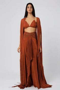 Shop for Deme by Gabriella Crepe Embroidered Cape And Skirt Set for Women Online at Aza Fashions Drape Skirt Pattern, Cutdana Embroidery, Embroidered Cape, Brown Jumpsuits, Red Kurta, Clothing Sites, Draped Skirt, Cape Sleeves, Fringe Skirt