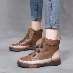 Women's Retro Leather Boots Soft Sole Colorblock High Top Women's Sho – Dresslittly Beef Tendon, Tendon Boots, Boots Heel, Stylish Boots, Martin Boots, Pig Skin, Color Khaki, Dressed Down, Low Heels