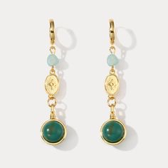 These exquisite Green Gemstone Earrings will add a touch of luxury and refinement to your look. Crafted from carefully selected gemstones, they feature a unique design that blends classic beauty and modern elegance. Perfect for special occasions or everyday glamour, these earrings are sure to be treasured. DETAILS Plating: 18K Gold Materials: 18K Gold on Brass, Cubic Zirconia, Gemstone Size: 1.77"*0.67"(45mm*17mm) Weight: 3.06g/pr Elegant Gemstone Hoop Earrings In Gold Plated, Elegant Gold-plated Gemstone Hoop Earrings, Elegant Natural Stone Dangle Teardrop Earrings, Elegant Dangle Teardrop Earrings With Natural Stones, Dainty Natural Stone Dangle Earrings, Elegant Green Natural Stone Hoop Earrings, Metal Drop Earrings With Natural Stones, Gold Dangle Gemstone Linear Earrings, Dainty Dangle Earrings With Natural Stones