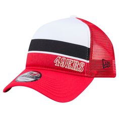 a red and white trucker hat with the word fortyrs on it's side