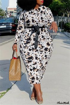 Olivia Mark - Professional Plus Size Printed Casual Dress with O-Neck and Long Sleeves (Belt Not Included) Dress For Big Belly Women, Dress For Big Belly, White Fashion Casual, Printed Casual Dresses, Perfect Prom Dress, Big Belly, Long Sleeve Print Dress, Bodycon Midi, Long Sleeve Bodycon