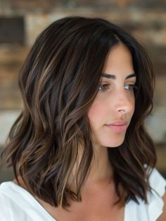 47 Stunning Rich Brunette Hair Color Ideas for Every Style Fall Brunette Hair Medium Length, Medium Length Light Brown Hair Balayage, Shoulder Length Brunette Balayage, Medium Length Haircut Balayage, Shoulder Length Brown Hair Highlights, Shoulder Length Brunette Hair, Rich Brunette Balayage, Brunette Shoulder Length Hair, Shoulder Length Brown Hair