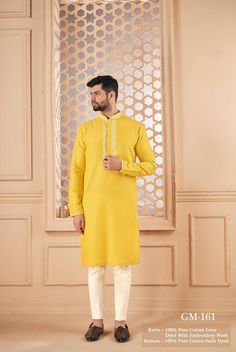 *PRODUCT DETAILS:- Get an absolute regal look apt for any event in this yellow cotton leno kurta pajama for men. Feel comfortable and in sync with the latest in fashion. *THREAD TALE:- This Kurta Set has been made by our karigars (craftsmen) with a lot of love and eye for detail. *FEATURES:- Color:  Bright Yellow Fabric: 100% pure cotton leno Design Type: Neck Embroidery for kurta only Items Included:  (i)  Kurta ,                                (ii) Pant waist half elastic (100% heavy tensile cotton) Wash Care: Dry Clean Only Disclaimer Text: Product color may slightly vary due to photographic lighting sources or your monitor/screen settings. Yellow Dabka Kurta For Eid, Yellow Straight Kurta For Eid, Yellow Festive Kurta For Eid, Yellow Kurta For Festive Occasion And Eid, Festive Yellow Kurta For Eid, Yellow Straight Kurta For Festivals, Yellow Kurta With Chikankari Embroidery For Diwali, Yellow Straight Kurta For Festive Season, Yellow Straight Kurta For Diwali