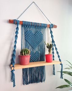 a macrame wall hanging with two potted plants