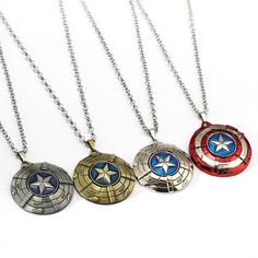 three necklaces with captain america symbols on them