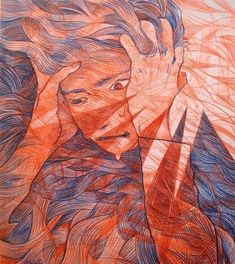 a drawing of a woman with long hair and an orange shirt is featured in this image