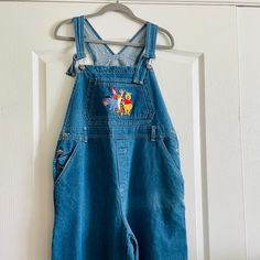 Vintage Y2k Disney Pooh Womens Denim 100% Cotton Front Pocket Embroidered Overalls Jumpsuit Size L Read: Overall It's Great Condition, But Has A Faded Stripe On One Side From Being Stored On The Sun, Although It Gives It Extra Interest ;) - Please See Photos Adjustable Straps; Runs A Bit Oversize: Waist Flat 18.5" Inseam 27.5" Rise 13" Wide Leg 14" Flat Embroidered Overalls, Overalls Jumpsuit, Y2k Disney, Disney Pants, Disney Pooh, Womens Denim, Denim Women, Front Pocket, Vintage Y2k