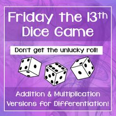 Beware of the unlucky roll! This fun math game can be differentiated to practice either addition with three addends or multiplication with three factors. Each version of the game (addition or multiplication--both are included) has an "unlucky" roll for which students score 0 points. This game has minimal prep, all you need are three dice per partner pair, the printed score sheets, and some fun-loving students!Great for playing on Friday the 13th or on regular days too as a math center or option Writing Prompt Generator, Prompt Generator, Readers Theater, Friday 13th, Fast Finishers, Fun Math Games, Math Game, Reading Comprehension Passages, Comprehension Passage