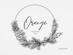 the word orange written in cursive writing on a white background with flowers and leaves