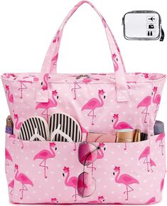 Beach Pool Bags Tote for Women Ladies Large Gym Tote Carry on Bag with Wet Compartment for Weekender Travel Waterproof Flamingo Clothes, Flamingo Bag, Large Beach Bags, Gym Tote, Pool Bags, Flamingo Pink, Intelligent Design, Smart Design, Day Bag