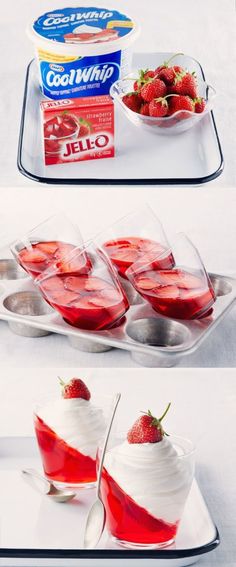 three different shots of desserts with strawberries and yogurt on the side