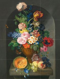 a painting of flowers and fruit in a vase