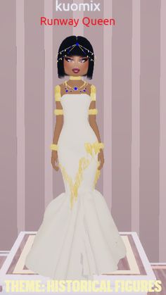 an animated image of a woman in a white dress with gold accents on her head