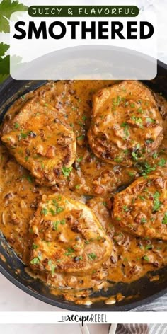 a skillet filled with meat covered in gravy and topped with parsley