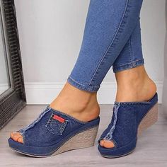 Category:Mules,Slippers; Upper Materials:Denim; Season:Summer; Heel Type:Wedge Heel; Gender:Women's; Activity:Walking Shoes; Style:Minimalism,Elegant,Casual; Heel Height(inch):2-3; Outsole Materials:EVA; Occasion:Outdoor,Beach; Closure Type:Loafer; Pattern:Solid Color; Listing Date:06/08/2023; Production mode:External procurement; 2023 Trends:Outdoor Slippers,Plus Size,Platform Sandals; Foot Length:; Foot Width:; SizeChart1_ID:2:184043; Size chart date source:Provided by Supplier. Denim Open Toe Wedge Sandals For Vacation, Denim Wedge Sandals For Summer Vacation, Summer Vacation Denim Wedge Sandals, Casual High Heel Sandals For Beach Season, Comfortable High Heel Wedge Sandals For Summer, Trendy Denim Wedge Sandals With Platform, Casual Platform Wedge Sandals, Trendy Denim Wedge Sandals, Trendy Denim Platform Wedge Sandals