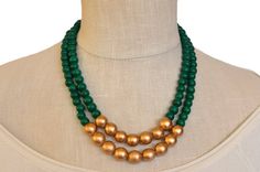 green beaded necklace / dark green statement necklace / green and gold / bridesmaid necklace / emera Green Necklaces With Gold Beads For Jewelry Making, Elegant Green Beaded Necklaces With Gold Beads, Elegant Green Beaded Necklace With Gold Beads, Gold Bridesmaid Necklace, Ruby Jewelry Necklaces, Choker Necklace Designs, Gold Jewelry Simple Necklace, Pearl Jewelry Design, Green Beaded Necklace