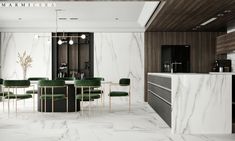 a kitchen with marble floors and green chairs