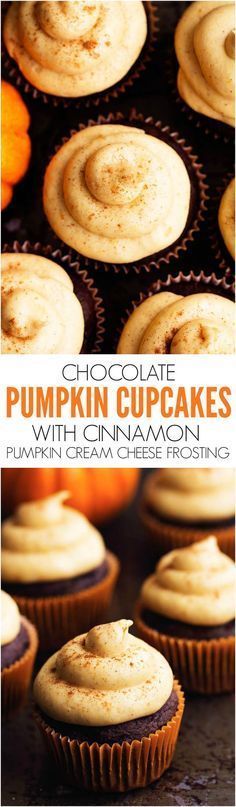 chocolate pumpkin cupcakes with cinnamon frosting are on display in front of other cupcakes