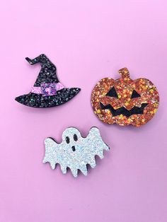 Witch hat. 2.5x2in. Pumpkin. 2.5x2in. Ghost. 2.5x1.8in. Halloween Hair Clips, Halloween Hair, Witch Hat, Barrettes, Gift Registry, Gift Baskets, Hair Clip, Halloween Shopping, Hair Clips