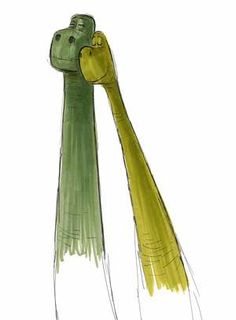 a drawing of a green dinosaur with its head in the shape of a long neck