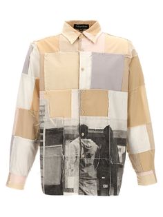 'Patchwork' cotton linen blend shirt with front print, fringed details, long sleeves, button cuffs. Composition: 55% linen, 45% cotton Designer Long Sleeve Cotton Shirt, Cotton Patchwork Button-up Shirt, Long Sleeve Cotton Shirt With Patchwork, Cotton Long Sleeve Shirt With Patchwork, Beige Cotton Tops With Patch Pockets, Designer Cotton Shirt For Fall, Oversized Cotton Patchwork Shirt, Relaxed Fit Long Sleeve Shirt With Patchwork, Oversized Button-up Shirt With Patchwork