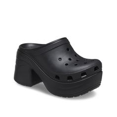 Crocs-Siren Platform Clog Elevate your casual fits with the Siren clog from Crocs. The chunky platform and heel bring a quirky touch, while the Iconic Crocs Comfort design ensures support and comfort. Casual Black Platform Slippers With Chunky Platform, Casual High Heel Chunky Platform Slippers, Casual Platform Heels For Streetwear, Trendy Clogs With Chunky Platform And Wedge Heel, Trendy Closed Toe Chunky Platform Clogs, Chunky Platform Round Toe Synthetic Clogs, Black Clogs With Lug Sole And Round Toe, Trendy Clogs With Platform And Wedge Heel, Synthetic Clogs With Chunky Platform And Round Toe