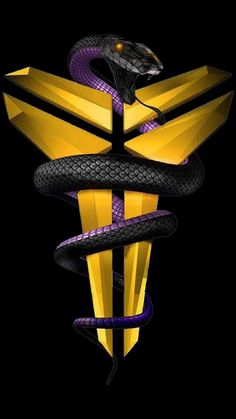 the cadus symbol is yellow and black with a snake on it's side